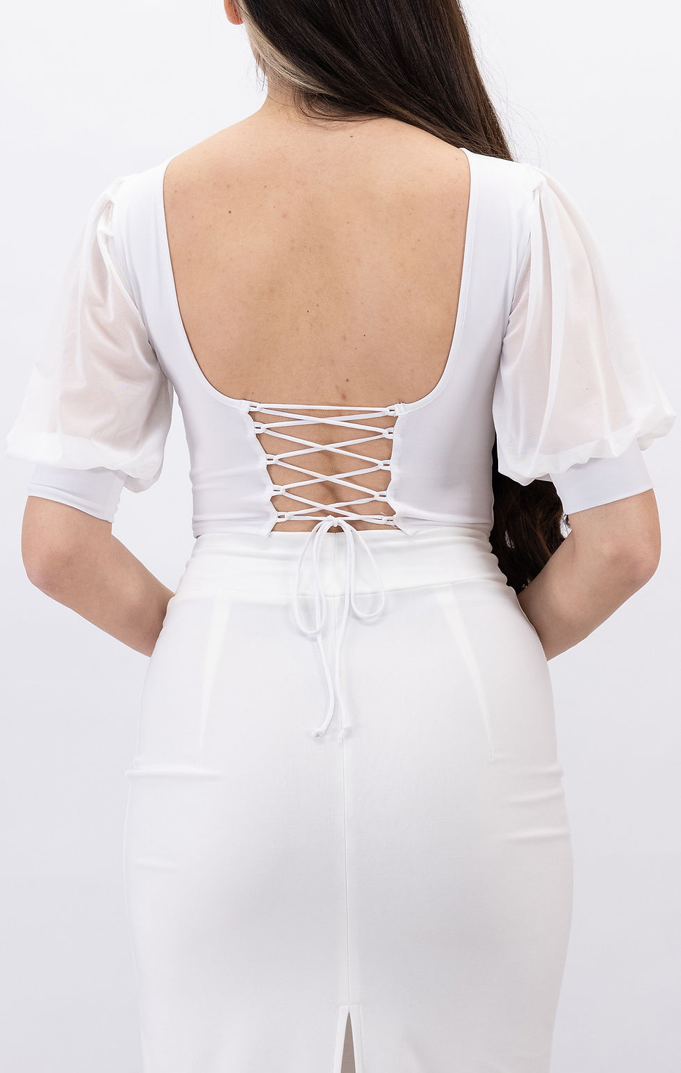 Thumbnail: Maria-Draped Tulle Sleeves Tie Back White Top