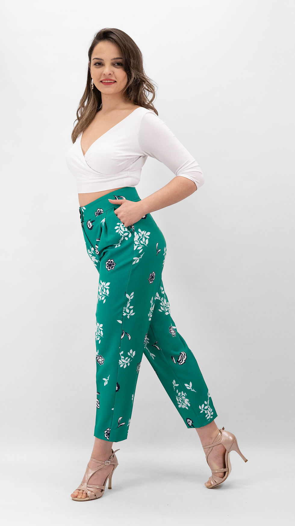 Thumbnail: Tango Pants for Women Green with White Flowers