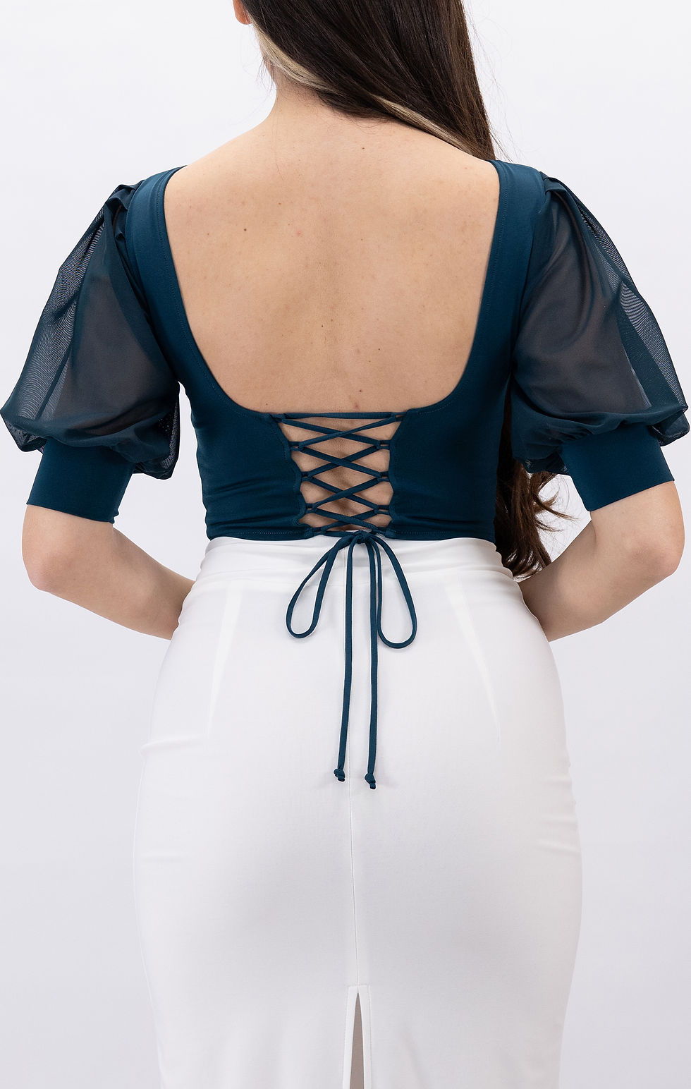 Thumbnail: Maria-Draped Tulle Sleeves Tie Back Dark Green Top