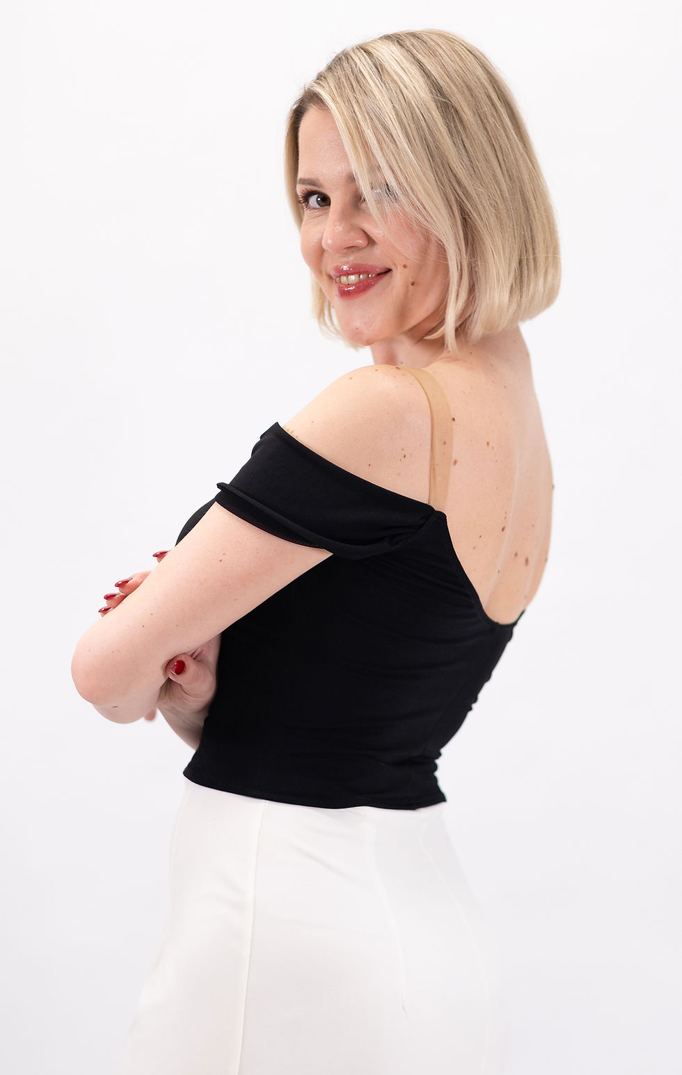 Thumbnail: Elegant Black Blouse with Tulle Shoulder Detail