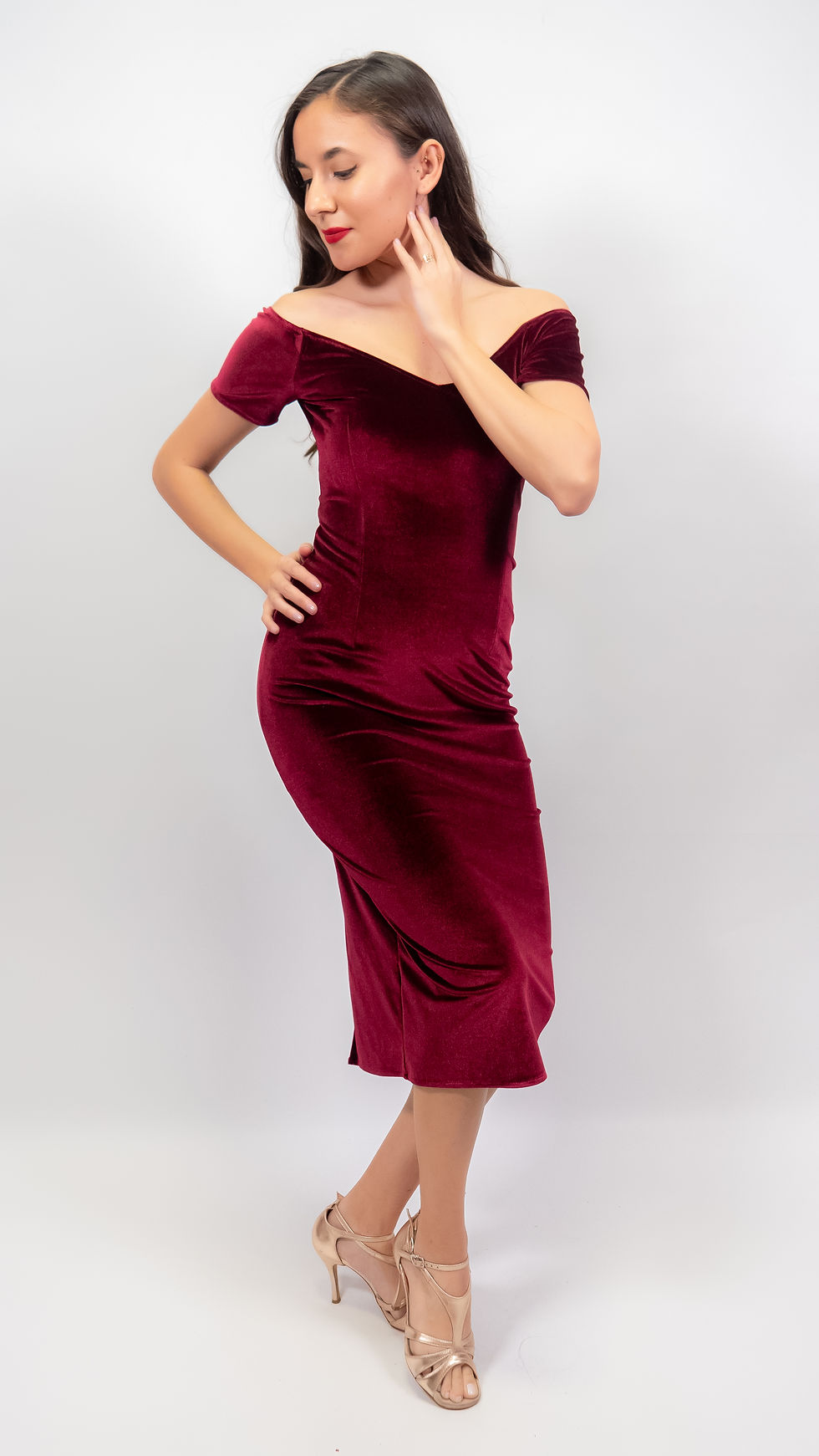 Thumbnail: Amelia Maroon Velvet Off Shoulder Tango Dress
