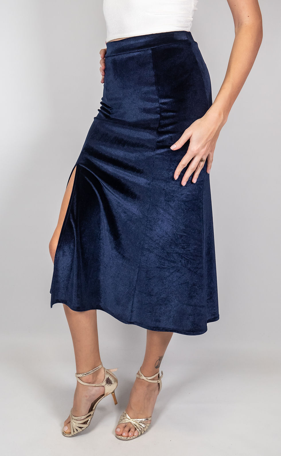 Thumbnail: Alicia Navy Blue Velvet Tango Skirt with Godet