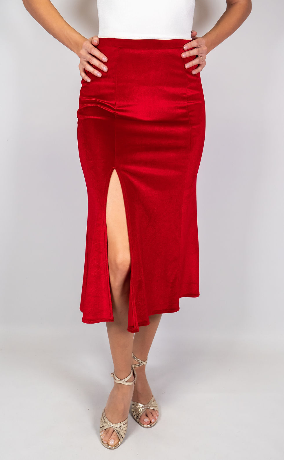 Thumbnail: Alicia - Red Velvet Tango Skirt with Godet