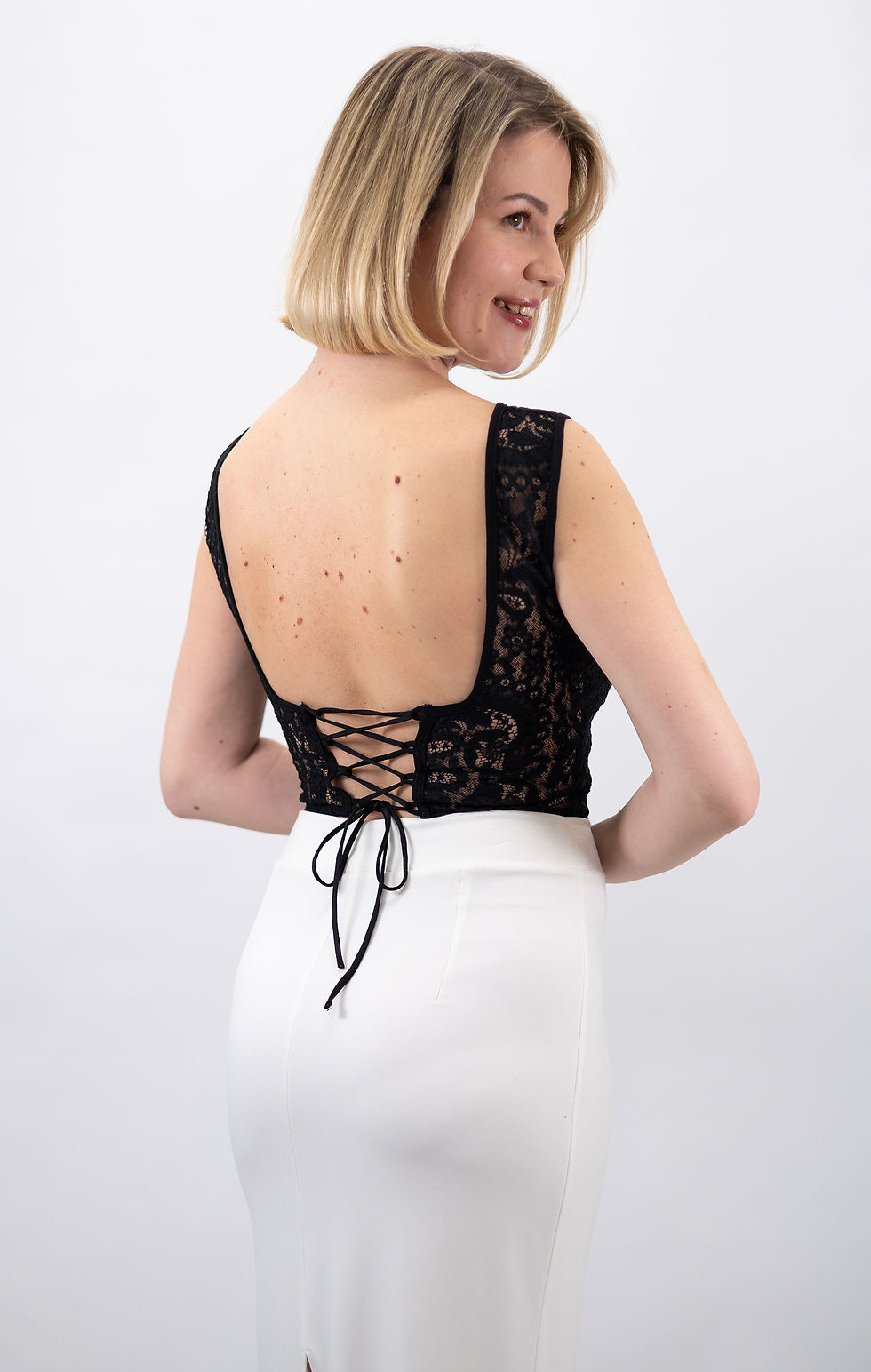 Thumbnail: Elena-Elegant Black Lace Blouse –Chic Back Detail with Ribbon Tie (Crossed Back)