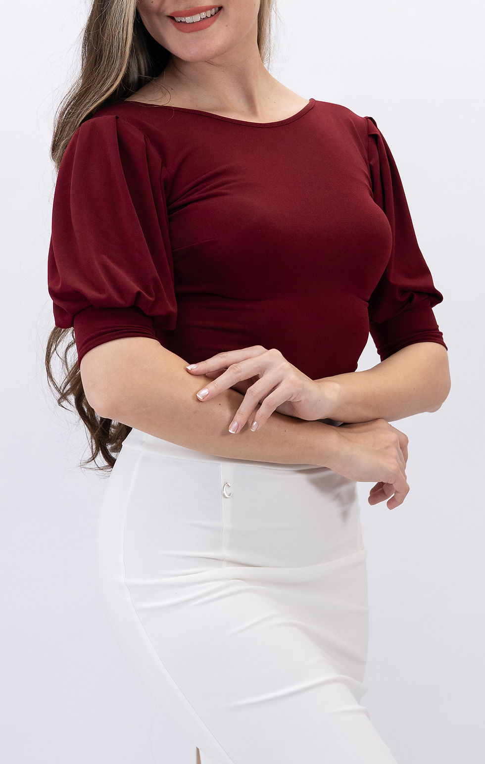 Thumbnail: Maria-Draped Sleeves Tie Back Burgundy Top