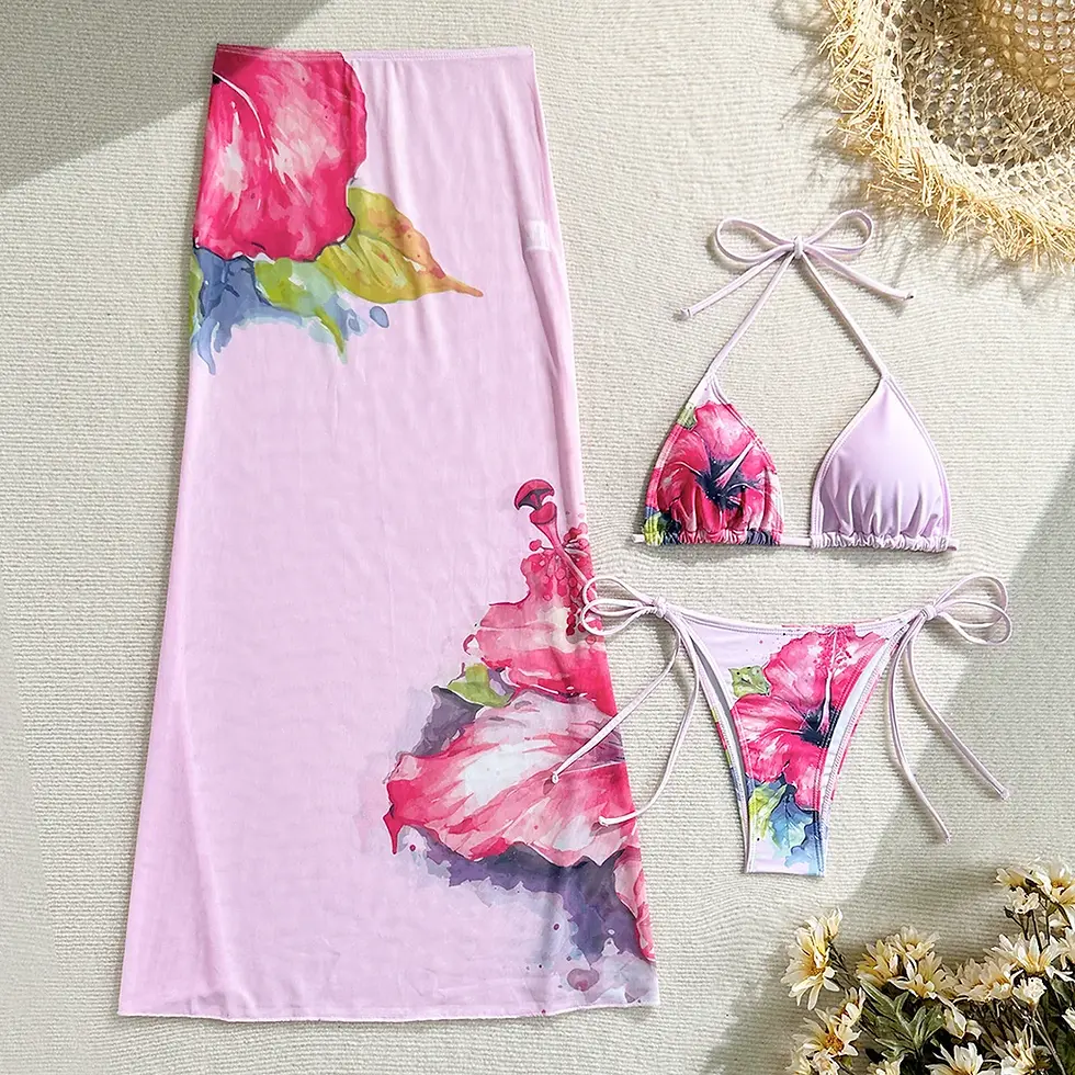 Thumbnail: Flowers Printed Halter Bikini With Skirt Three-Piece Set