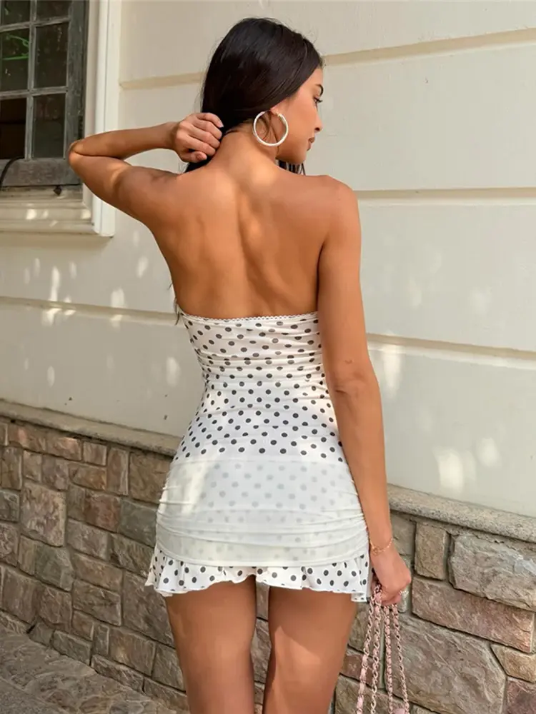 Thumbnail: Polka Dot Wrap Chest Elegant Bodycon Mini Dress