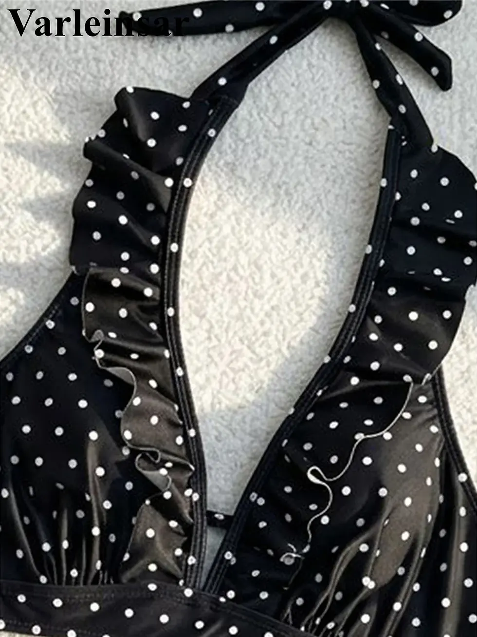 Thumbnail: Black Polka Dot V-Neck High Waist Bikini