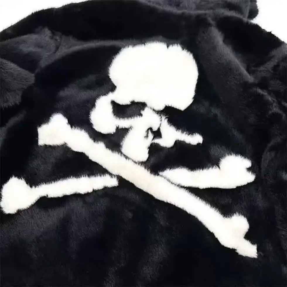 Thumbnail: Black Long-Sleeved Faux Mink Fur Skull and Crossbones Jacket