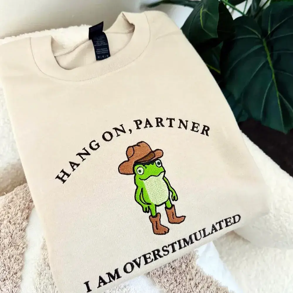 Funny Overstimulated Cowboy Frog Embroidered Sweatshirt