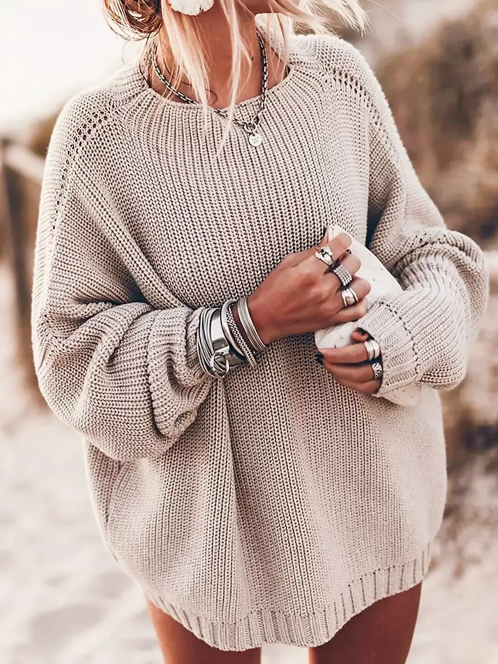 Thumbnail: Batwing Sleeve Knitted Pullover Sweater