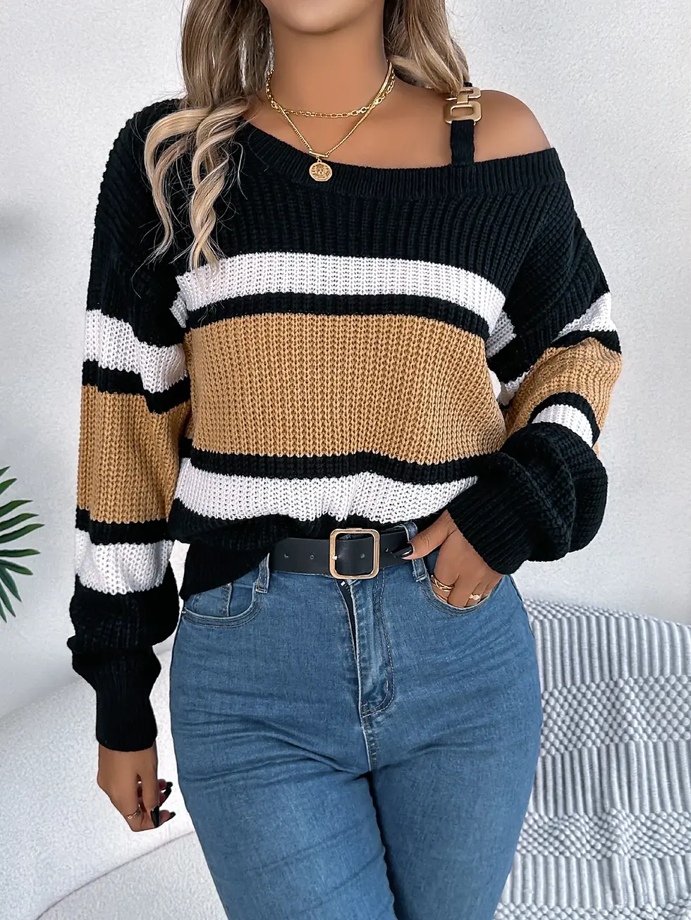 Thumbnail: Stripe Contrasting Color Off Shoulder Metal Buckle Long Sleeve Sweater