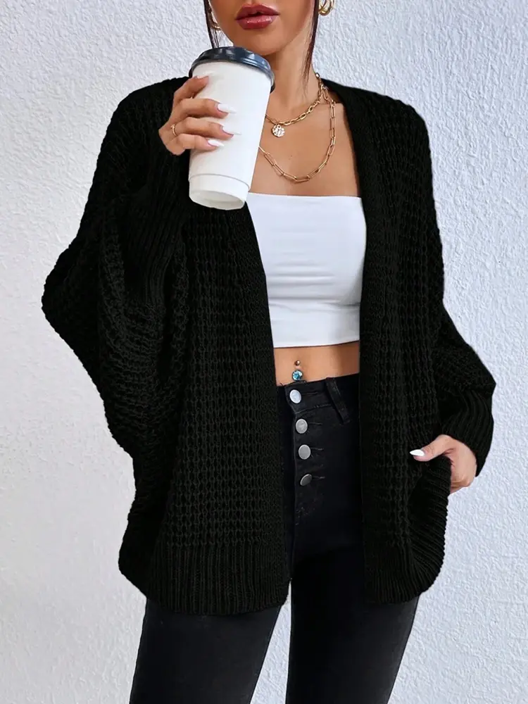 Thumbnail: Black Knitted V-Neck Hollowed Out Cardigan Sweater