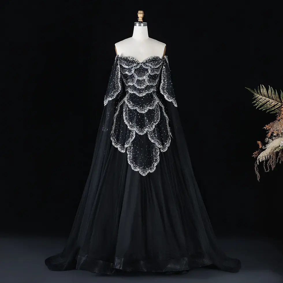 Thumbnail: Off Shoulder Tulle Evening Dress with Cape Sleeves