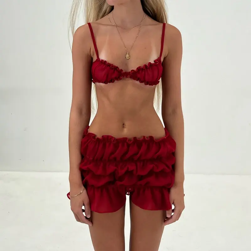 Thumbnail: Frills Spaghetti Strap Cami Top and Ruched Mini Pencil Skirt Outfit Set