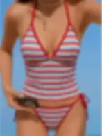 Striped V-Neck Tankini Halter Bikini