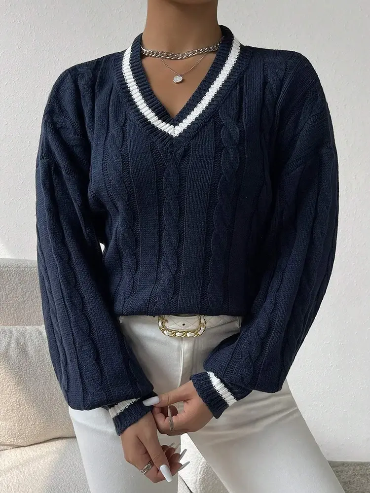 Thumbnail: V-Neck Fried Dough Twists Knitwear Long Sleeve Sweater