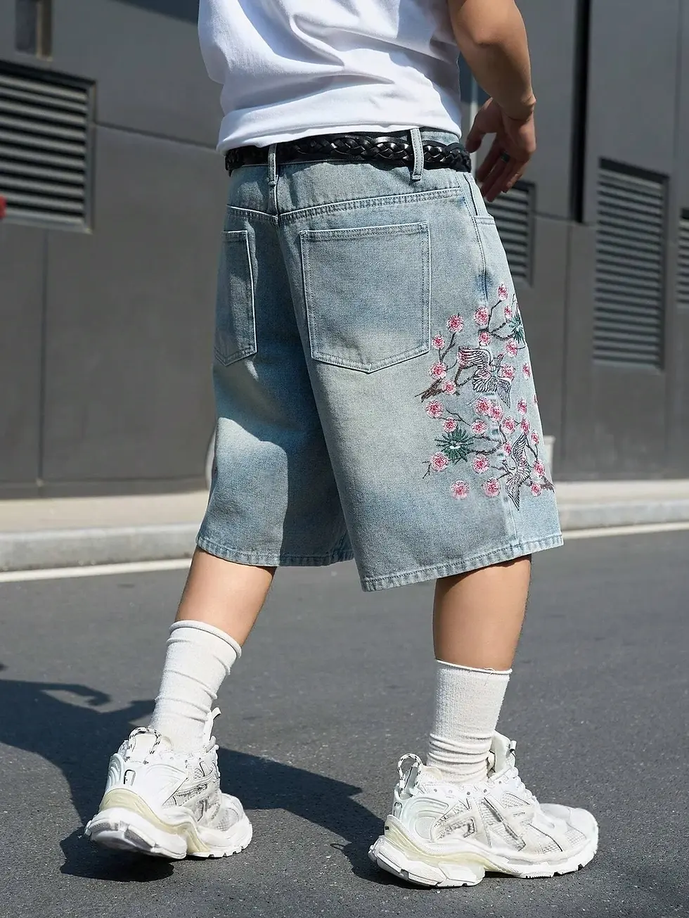 Thumbnail: Light Blue Cherry Blossom Embroidered Denim Shorts