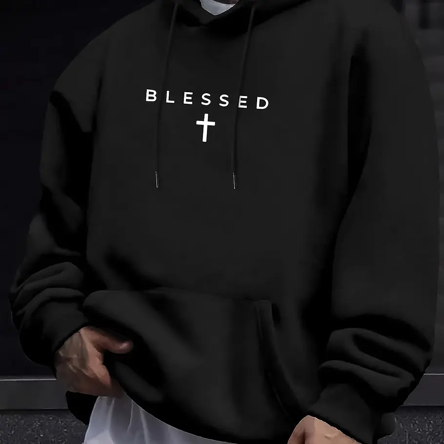Men's Casual Polyester Hooded Sweater with Cross and Geometric Design