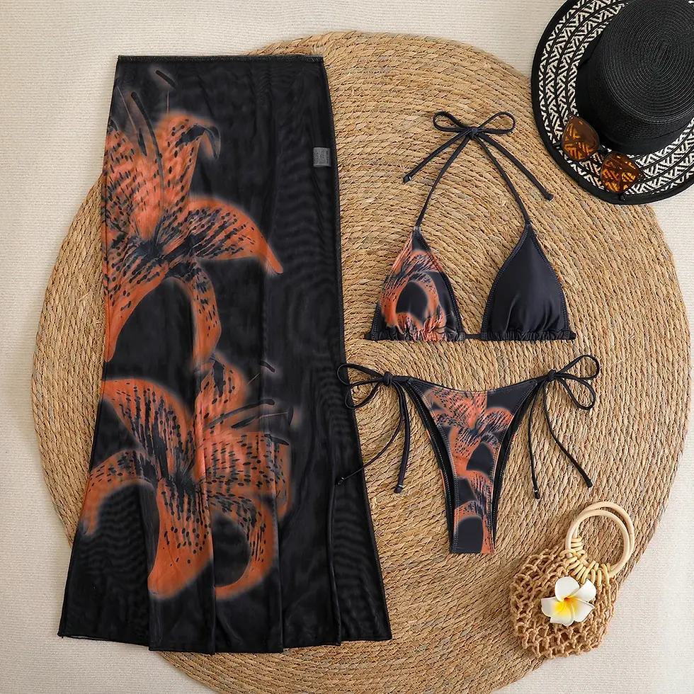 Thumbnail: Flowers Printed Halter Bikini With Skirt Three-Piece Set