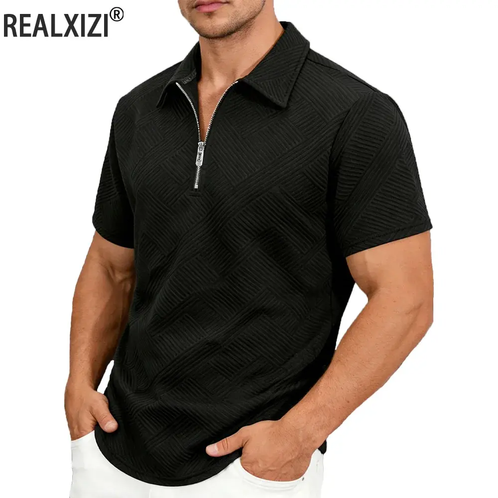 Textured Ribbed Knit Quarter Zipper Polo Shirt