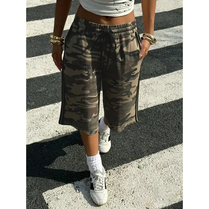 Side Striped Y2k Wide Leg Sweat Bermuda Shorts