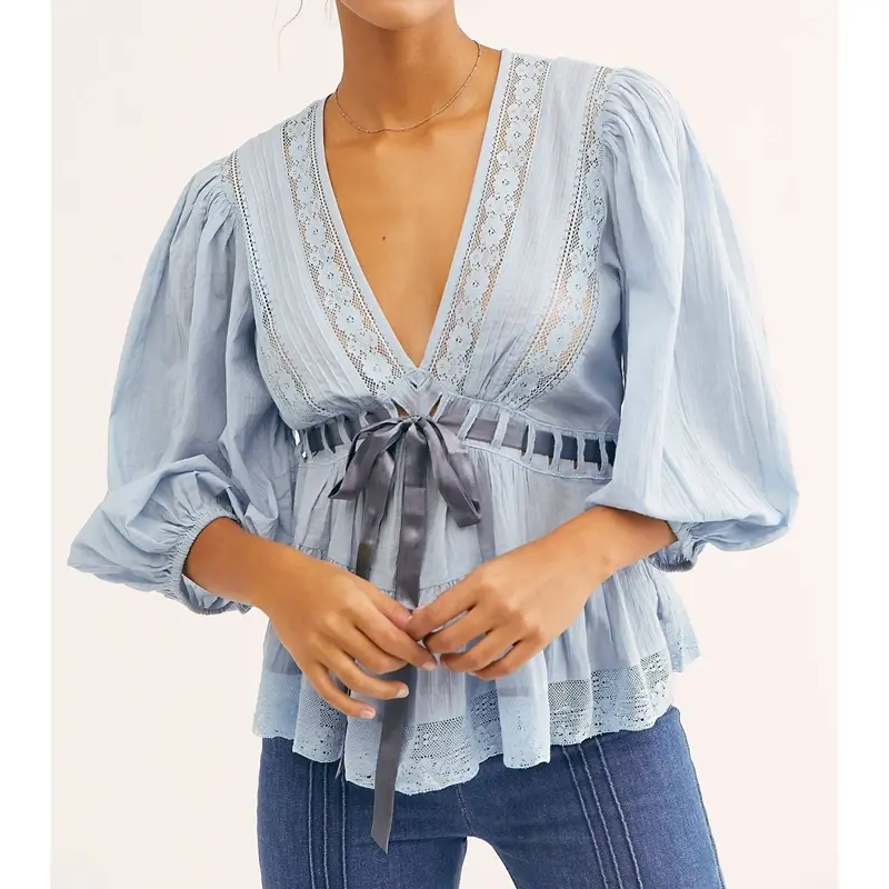Thumbnail: Flowy Lace Trim Ruffle Top Tied Front Puff Sleeve Blouse