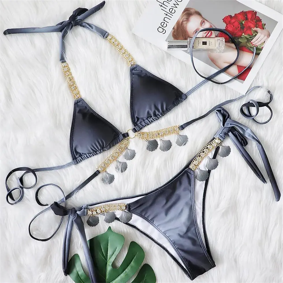 Thumbnail: Shell Metal Shell Rhinestone Scrunch Butt Two-Pieces Bikini Set