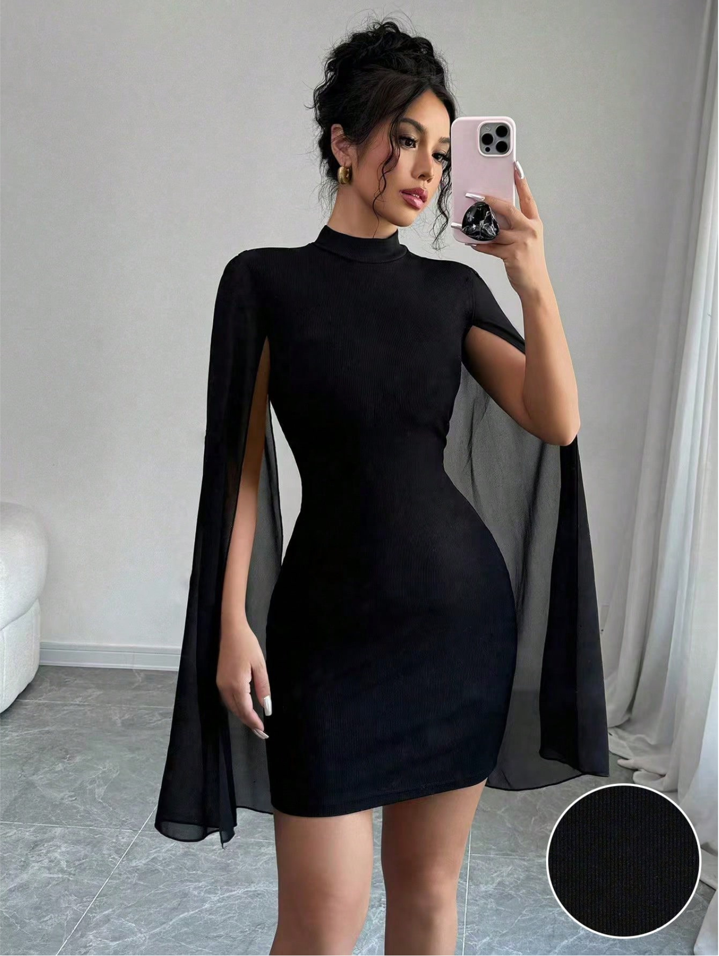 Stand Collar Cape Mini Bodycon Dress
