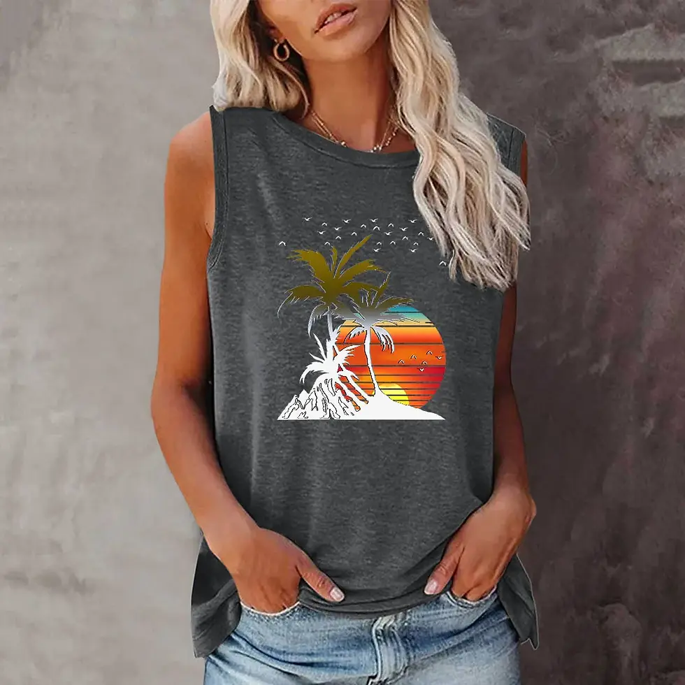 Thumbnail: Seeyoushy Sunset Beach View of Coconut Trees Tshirt Tops
