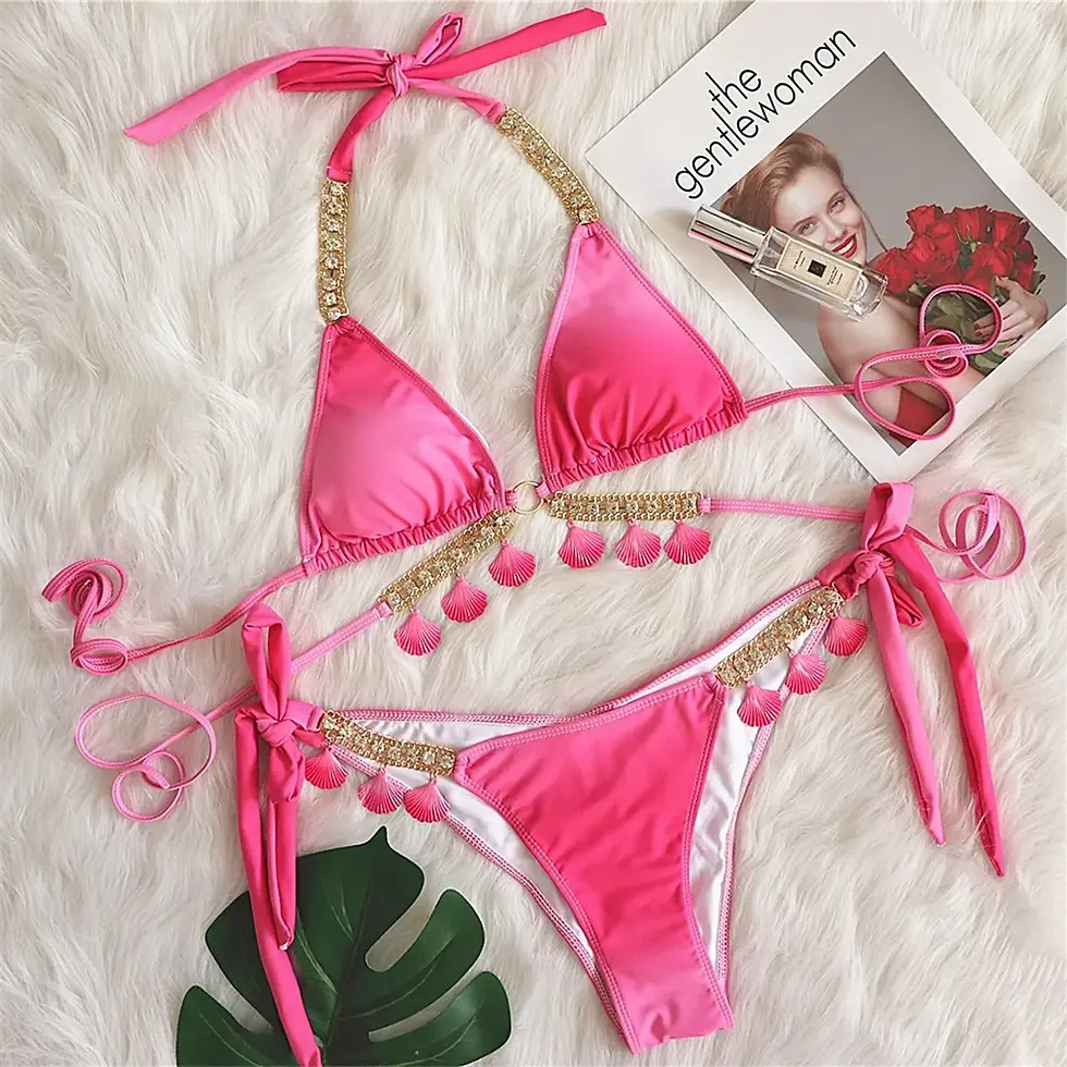 Thumbnail: Shell Metal Shell Rhinestone Scrunch Butt Two-Pieces Bikini Set