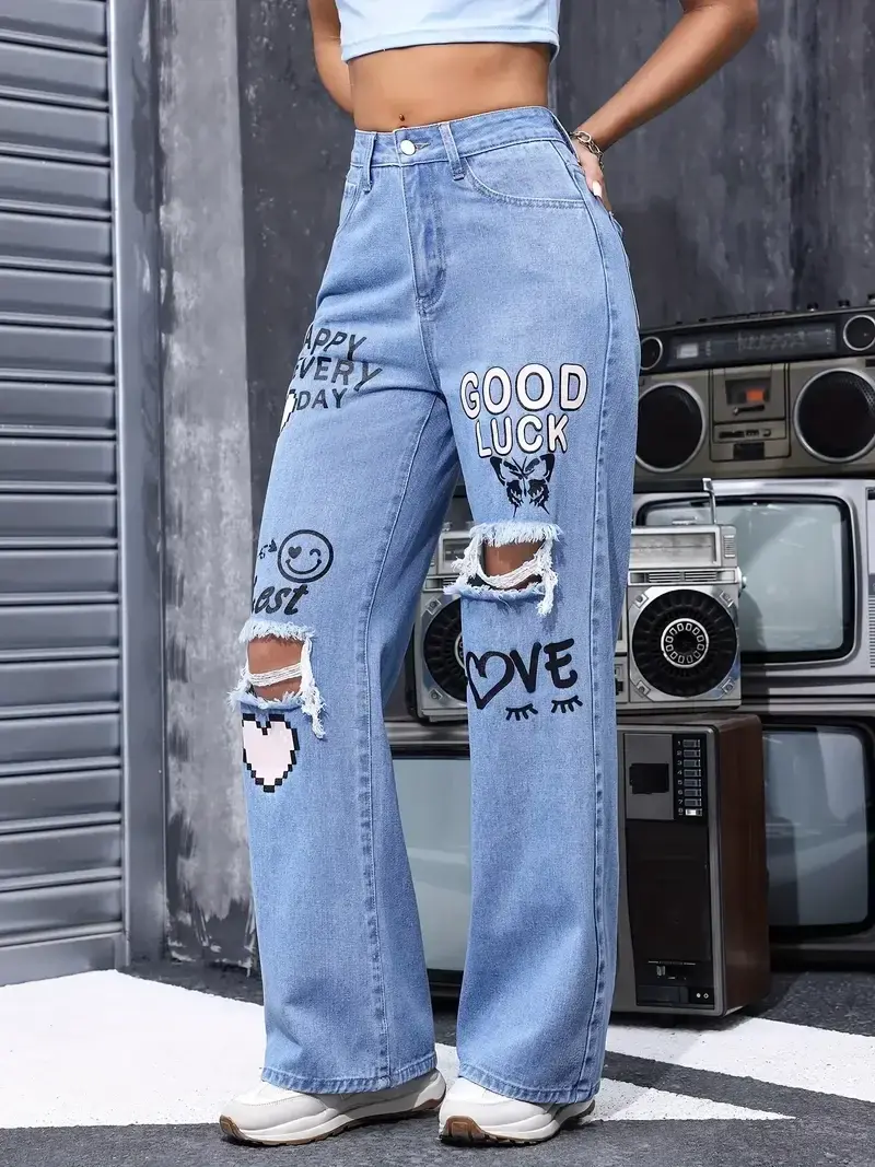 Thumbnail: Women's High Waist Button Up Affirmation Print Ripped Jeans