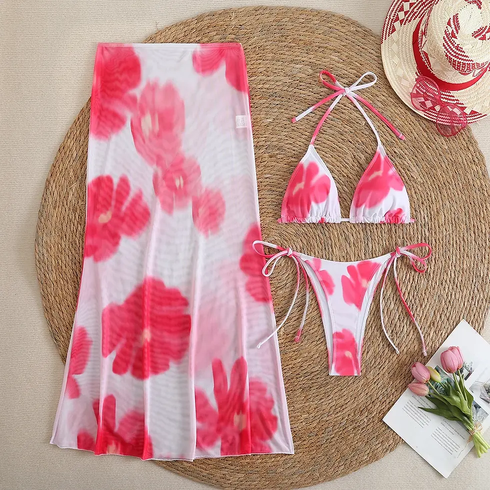 Thumbnail: Flowers Printed Halter Bikini With Skirt Three-Piece Set