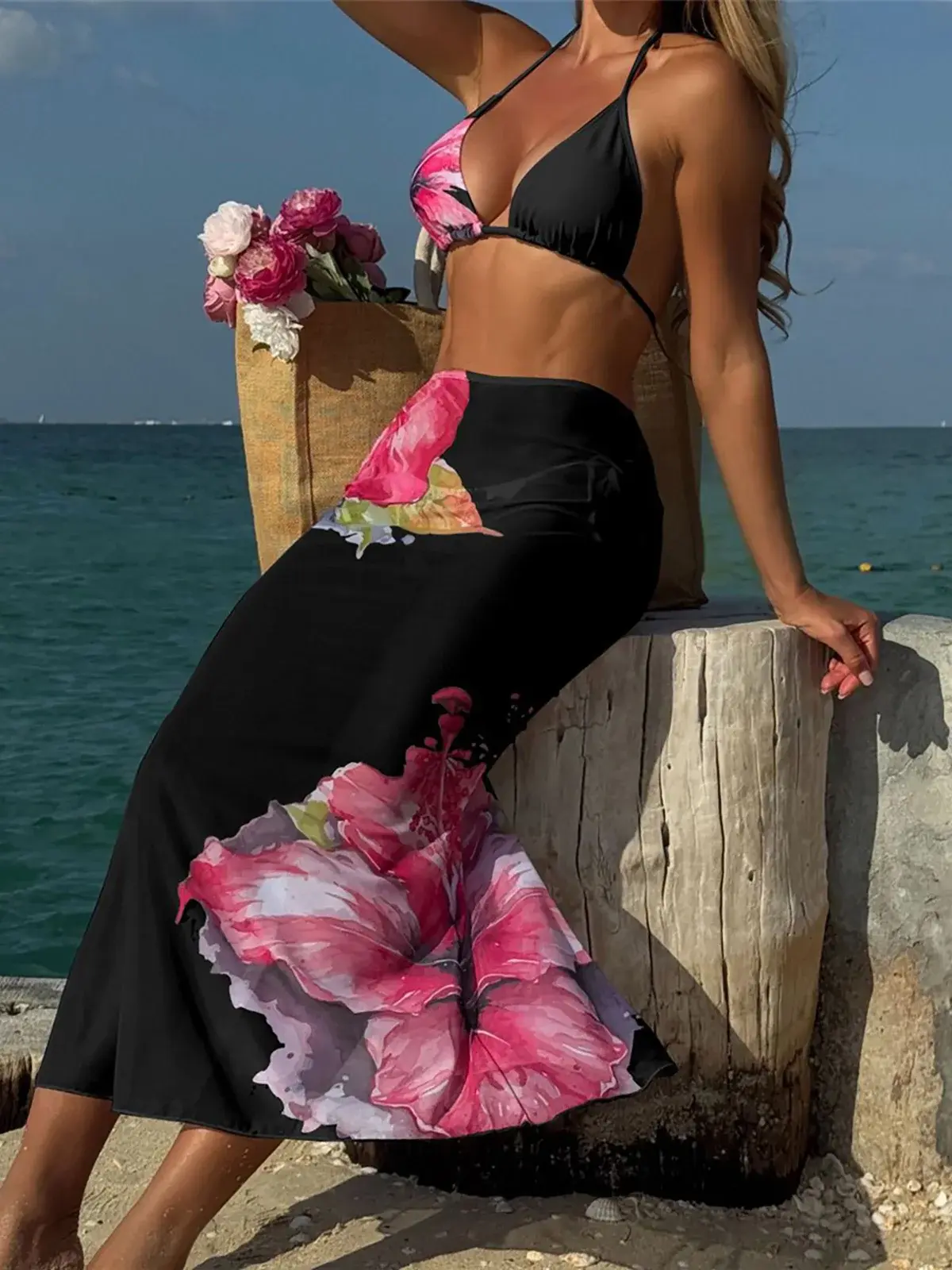 Flowers Printed Halter Bikini With Skirt Three-Piece Set