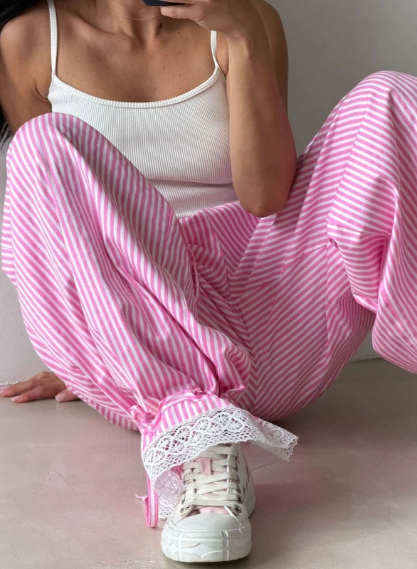 Y2k Ruffle Lace Trim Striped Bloomers Pants