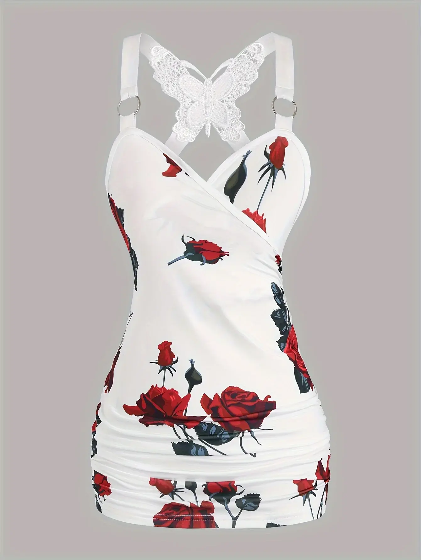 Rose Print Pleated Suspenders Butterfly Lace Mini Dress