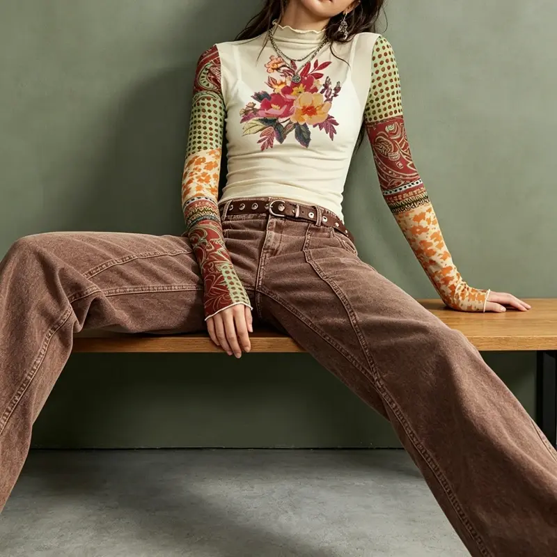 Thumbnail: Y2k Sheer Mesh Ruffle Hem Patchwork Long Sleeve Mock Neck Floral T-Shirt