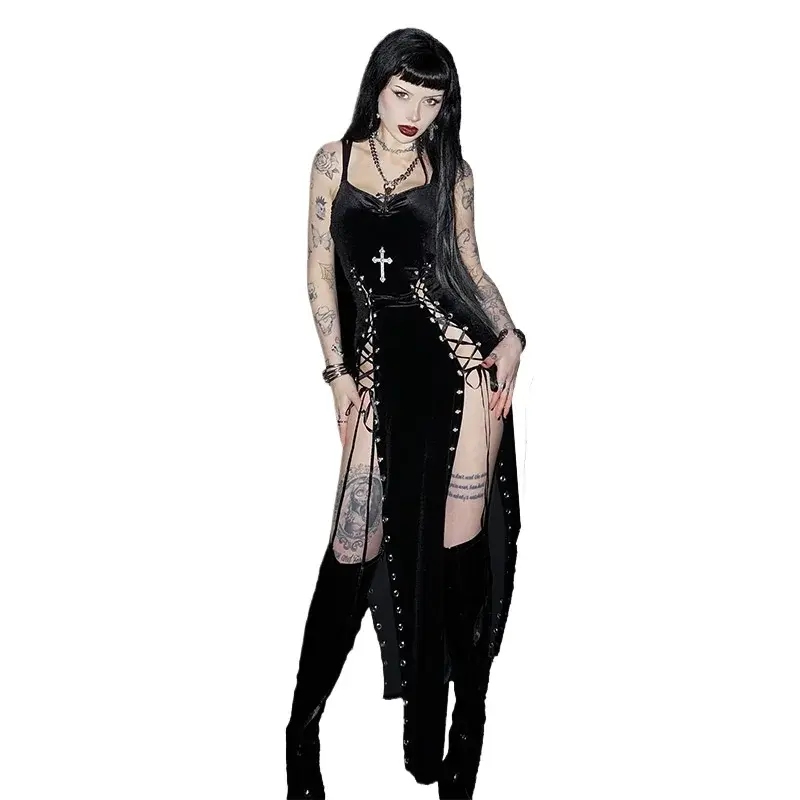Thumbnail: Punk Grunge High Split Hem Straps Black Gothic Dress