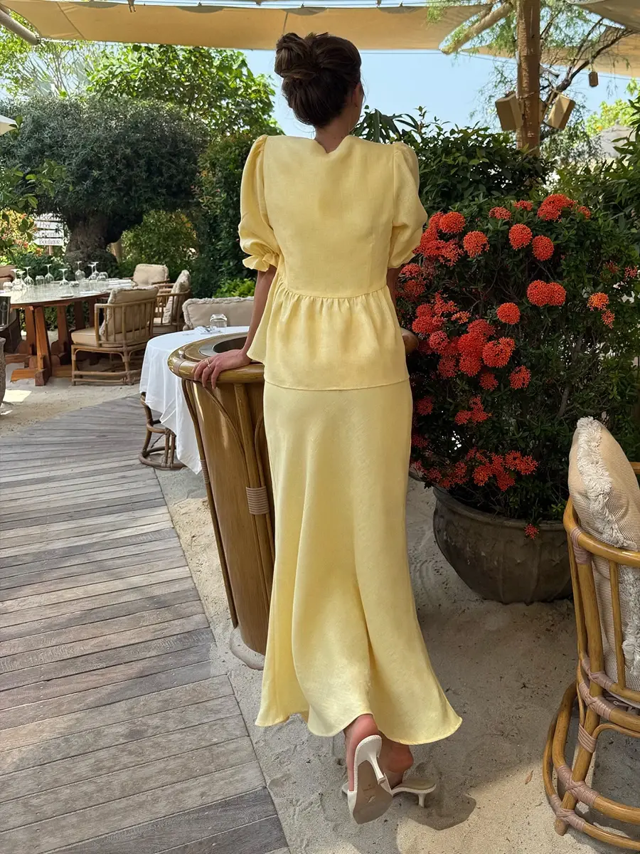 Thumbnail: Lace-Up Bubble Sleeve Shirt and Long Skirt Two-Piece Suit