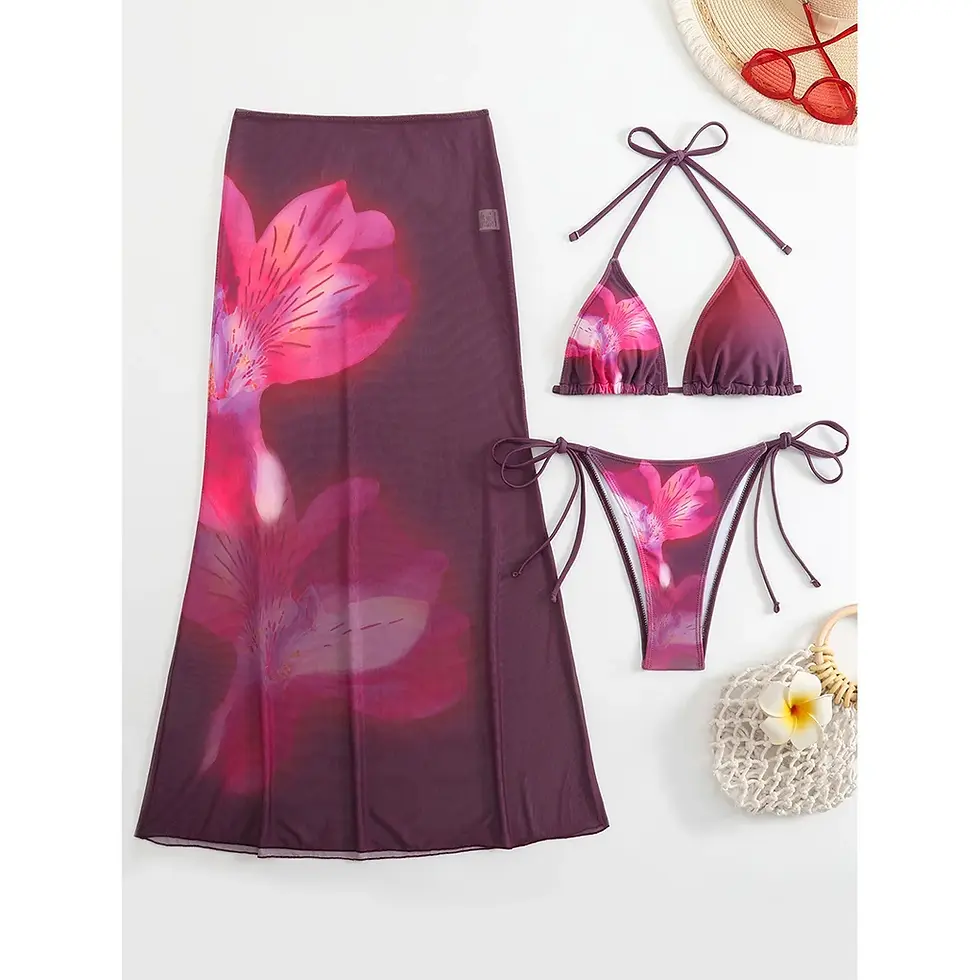 Thumbnail: Flowers Printed Halter Bikini With Skirt Three-Piece Set