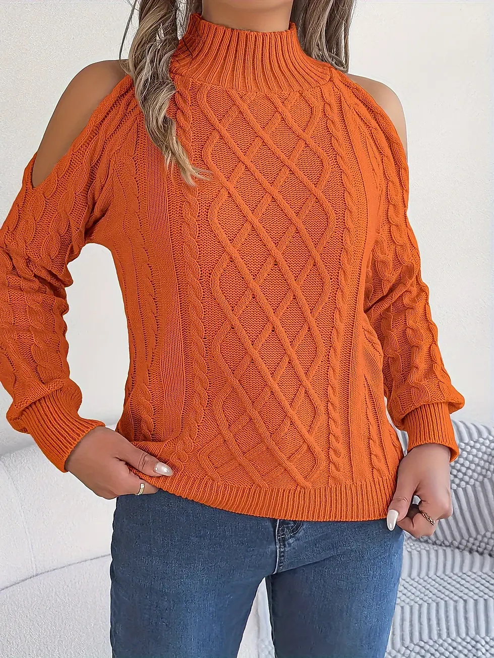 Thumbnail: Off Shoulder Cable Semi-Turtleneck Sweater