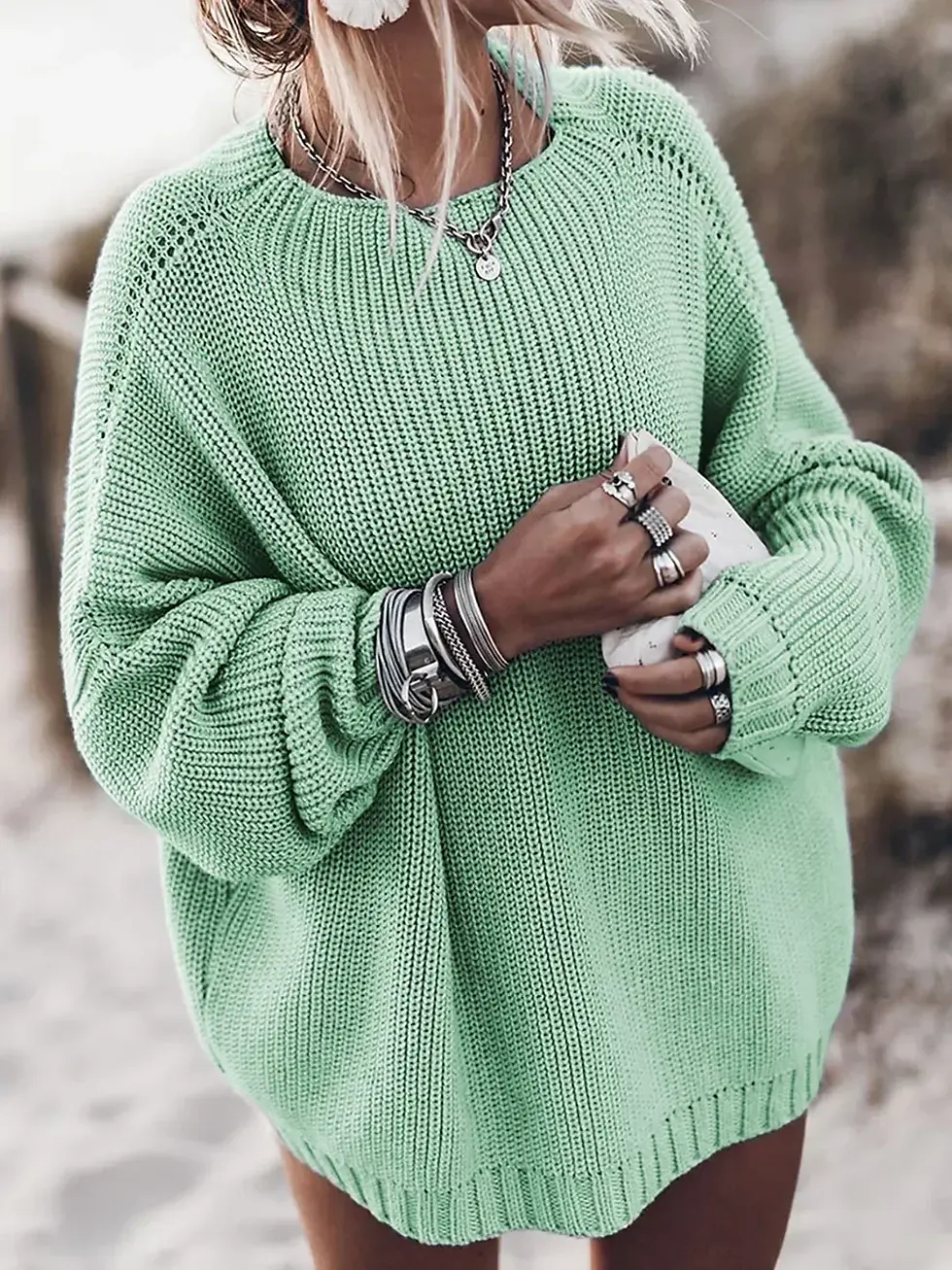 Thumbnail: Batwing Sleeve Knitted Pullover Sweater