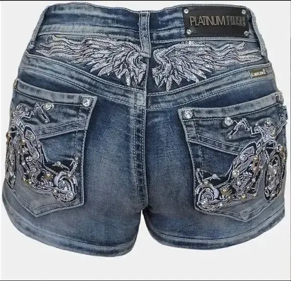 Thumbnail: Rider Motorcycle Wing Rivet Embroidery Denim Shorts