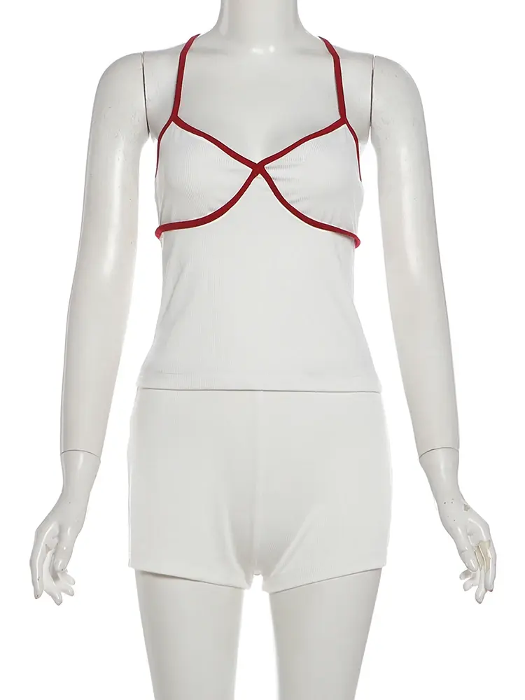 Thumbnail: Contrast Color Patchwork Crop Top and Skinny Shorts Set