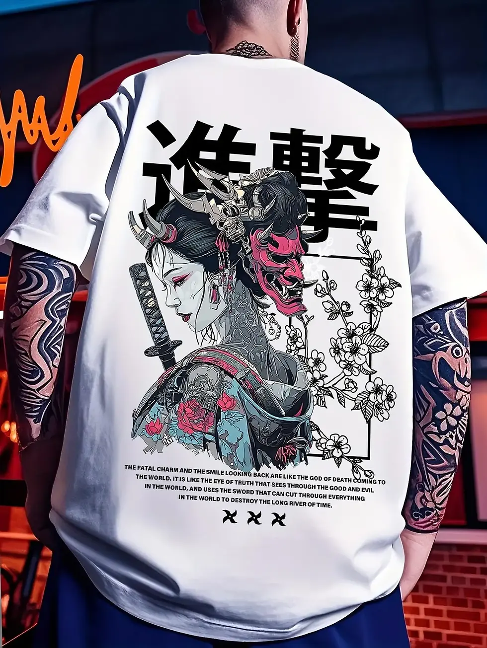 Thumbnail: Japanese Geisha Ghost Face Samurai Pattern Printed T-Shirt