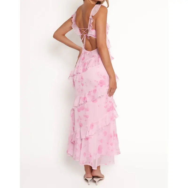 Thumbnail: Y2k Chiffon Floral Lace Sheer Tiered Boho Maxi Pink Sundress