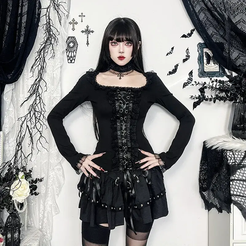 Thumbnail: Goth Black Lace Trim Long Sleeve Shirt With Choker Cross