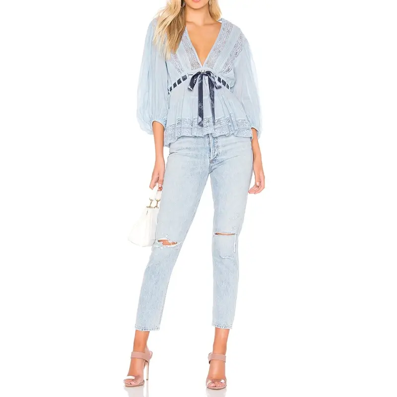 Thumbnail: Flowy Lace Trim Ruffle Top Tied Front Puff Sleeve Blouse