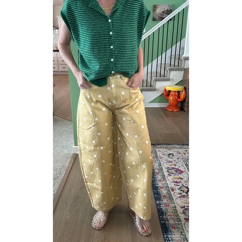 Polka Dots Print Barrel Leg Ruched Jeans