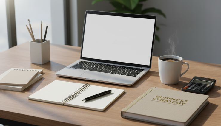 Wide-angle view of a laptop and planning tools on a wooden table.